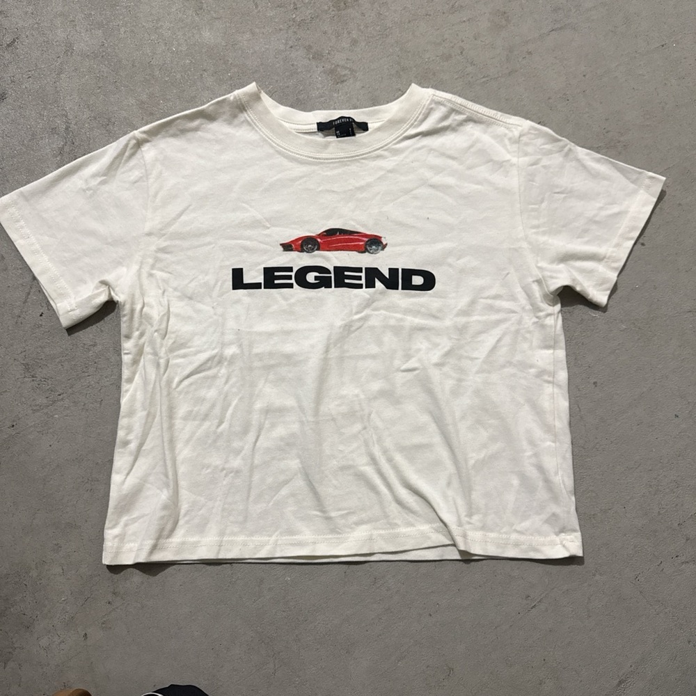 Forever 21 White 'Legend' T-Shirt with Red Car Graphic